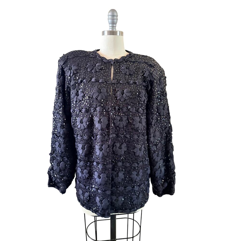 Vintage 1960s Iris Black Sequin Floral Ribbon Jacket Silk Feel XL XXL